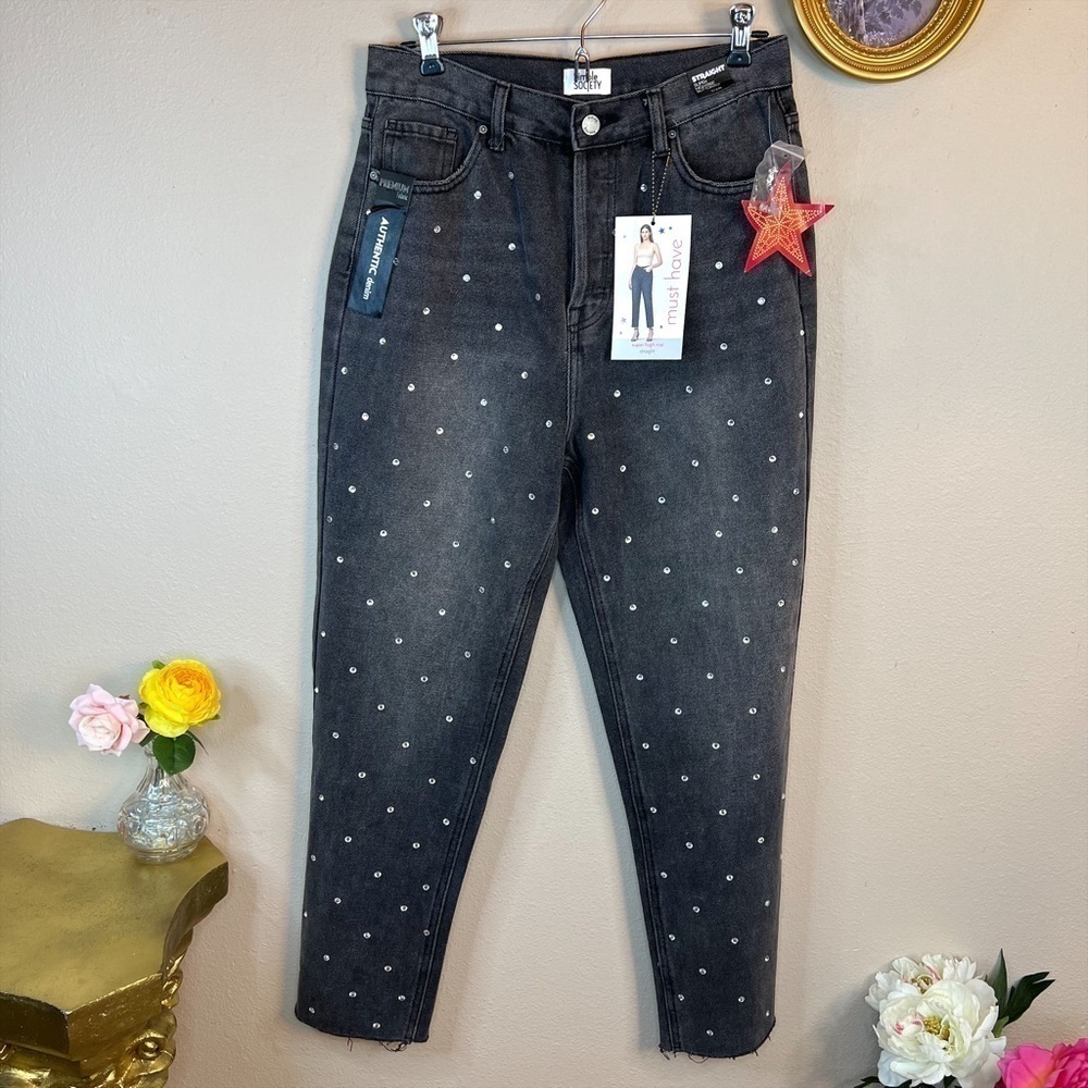 7 NWT Grey Rhinestone Distressed High Rise Denim Jeans Juniors M Medium